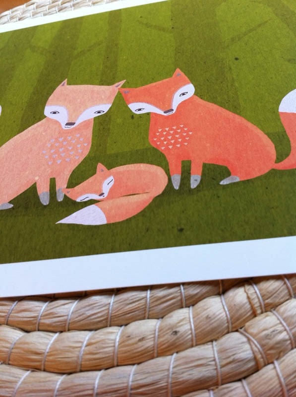 three foxes kids art. woodland animals in orange and green. 8.5 x 11 art print for baby, nursery, children
