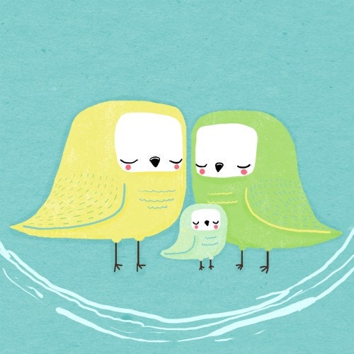 bird family nursery art. parakeets in green, yellow, blue - 8.5 x 11 art print for children, baby, kids room (MORE COLORS AVAILABLE)