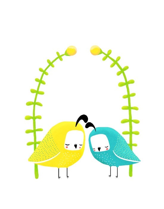birds and flowers nursery art. yellow, blue, green quails. 8.5 x 11 art print for kids room, baby, children