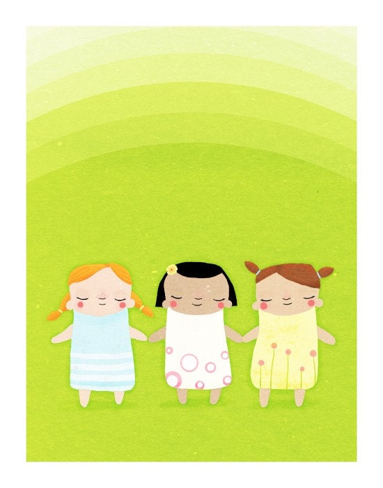 three friends. little girls holding hands on green - 8.5 x 11 art print (MORE COLORS available)