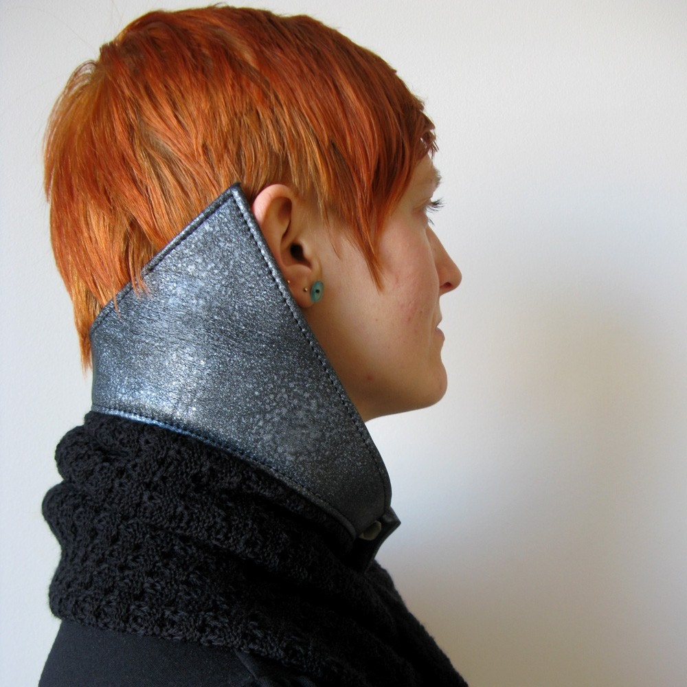 Black and Silver Leather Collar Scarf/Shawl , made from merino wool and recycled leather, sample