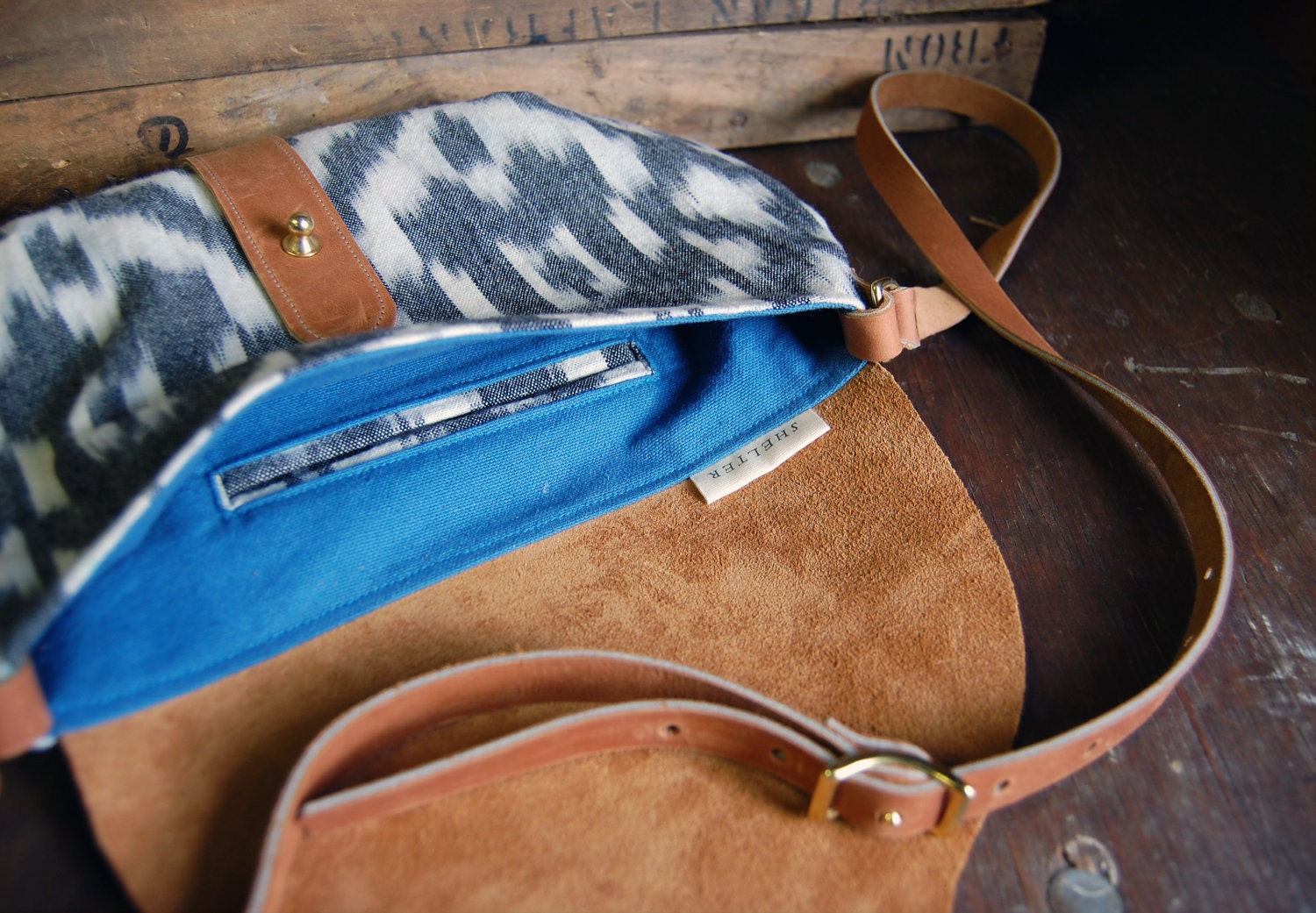 The Taplin Purse // Black and White Ikat and Duck Cloth with Cognac-colored Leather Closure and Strap