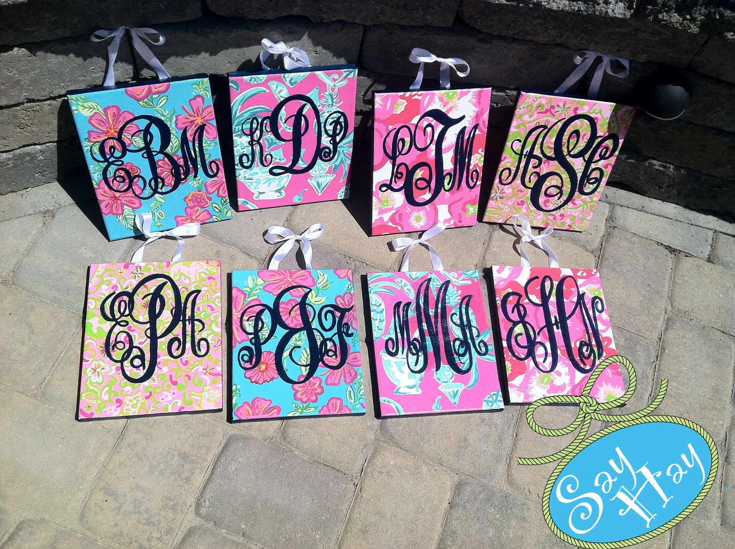Small Monogram Printed and Hand Painted Canvases inspired by Lilly Pulitzer prints