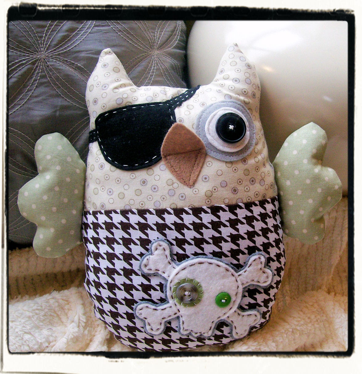 PIRATE OWL Plushie  - Green Brown Houndstooth
