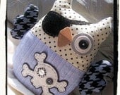 PIRATE OWL Plush - Black, Grey Dots - Blue Cable Knit