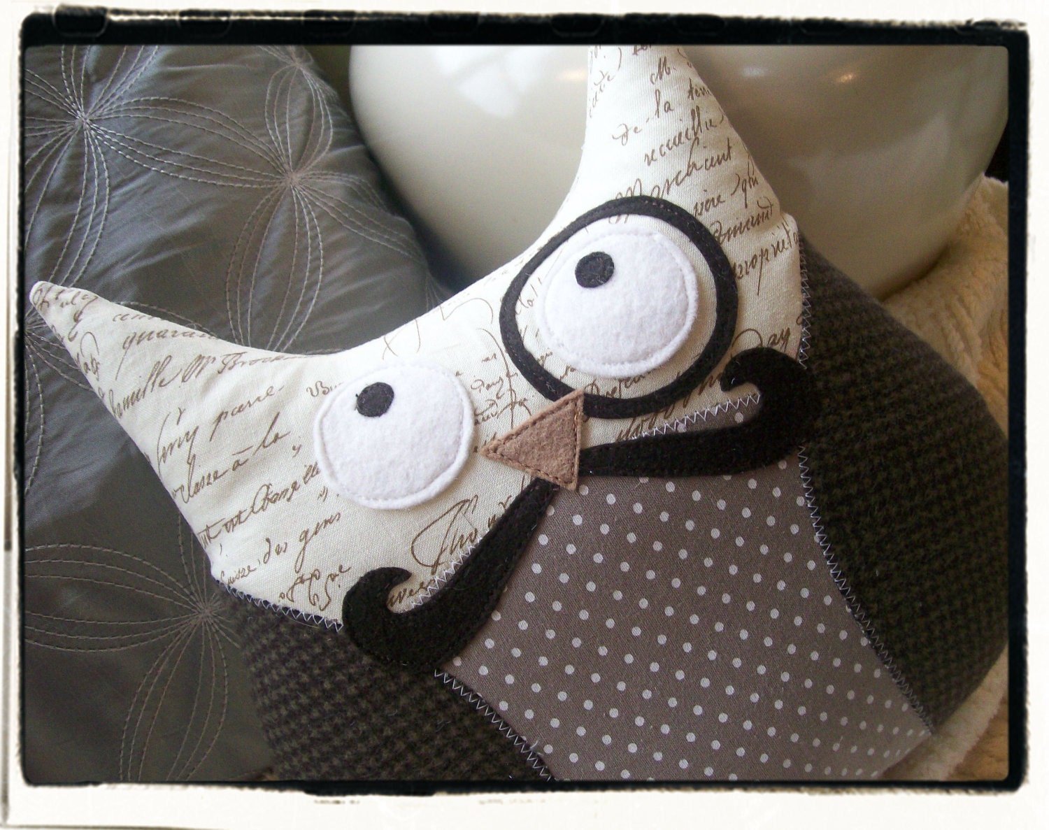 Owl with Mustache - Plushie Pillow Brown