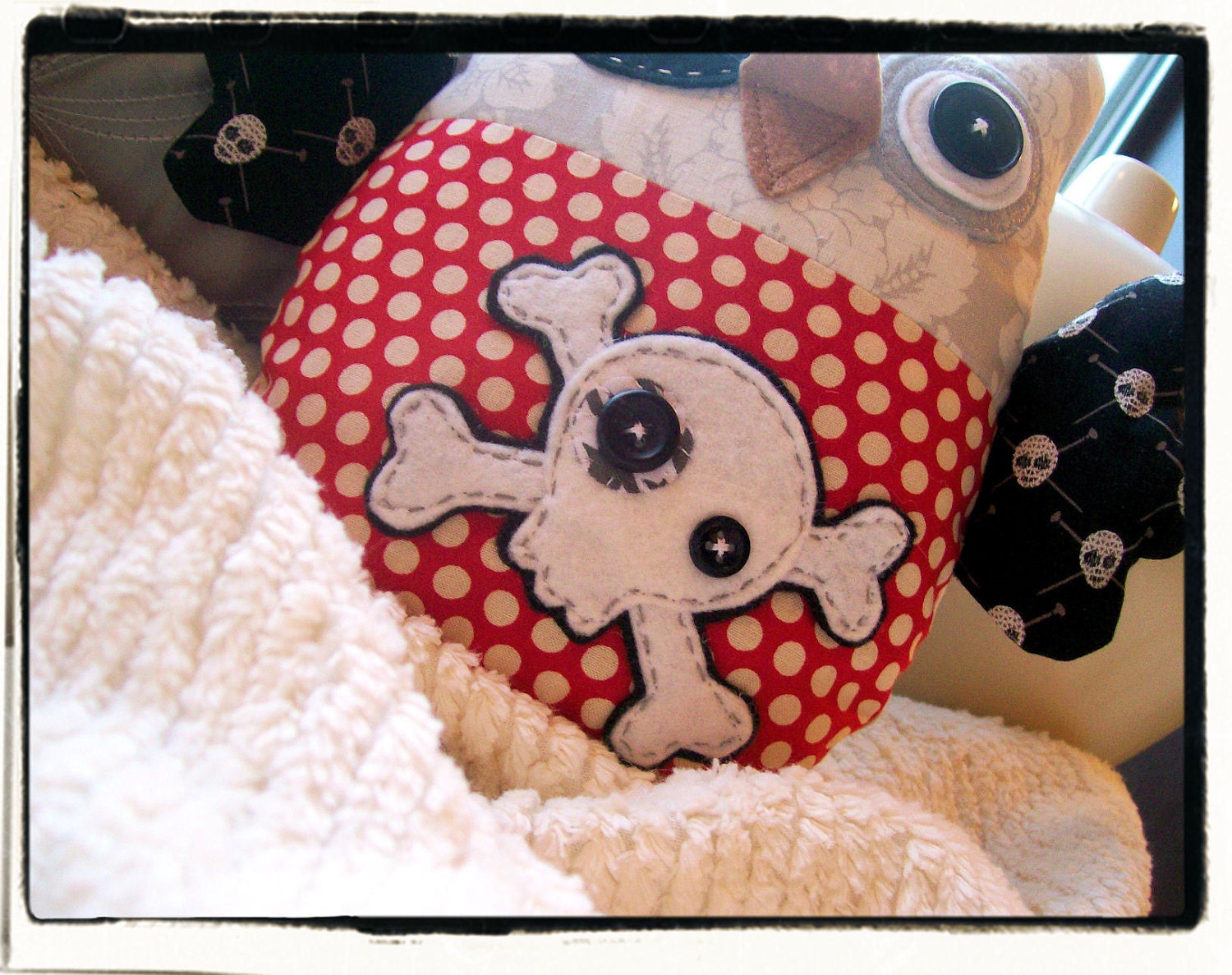 PIRATE OWL Plushie - Red, Grey, Black - Damask, Skulls