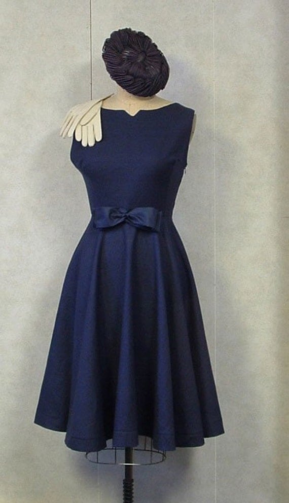 Navy circle skirt dress 1950s Monaco Blue HANDMADE Vintage Couture Mad Men Rockabilly Bombshell Princess Formal Wedding