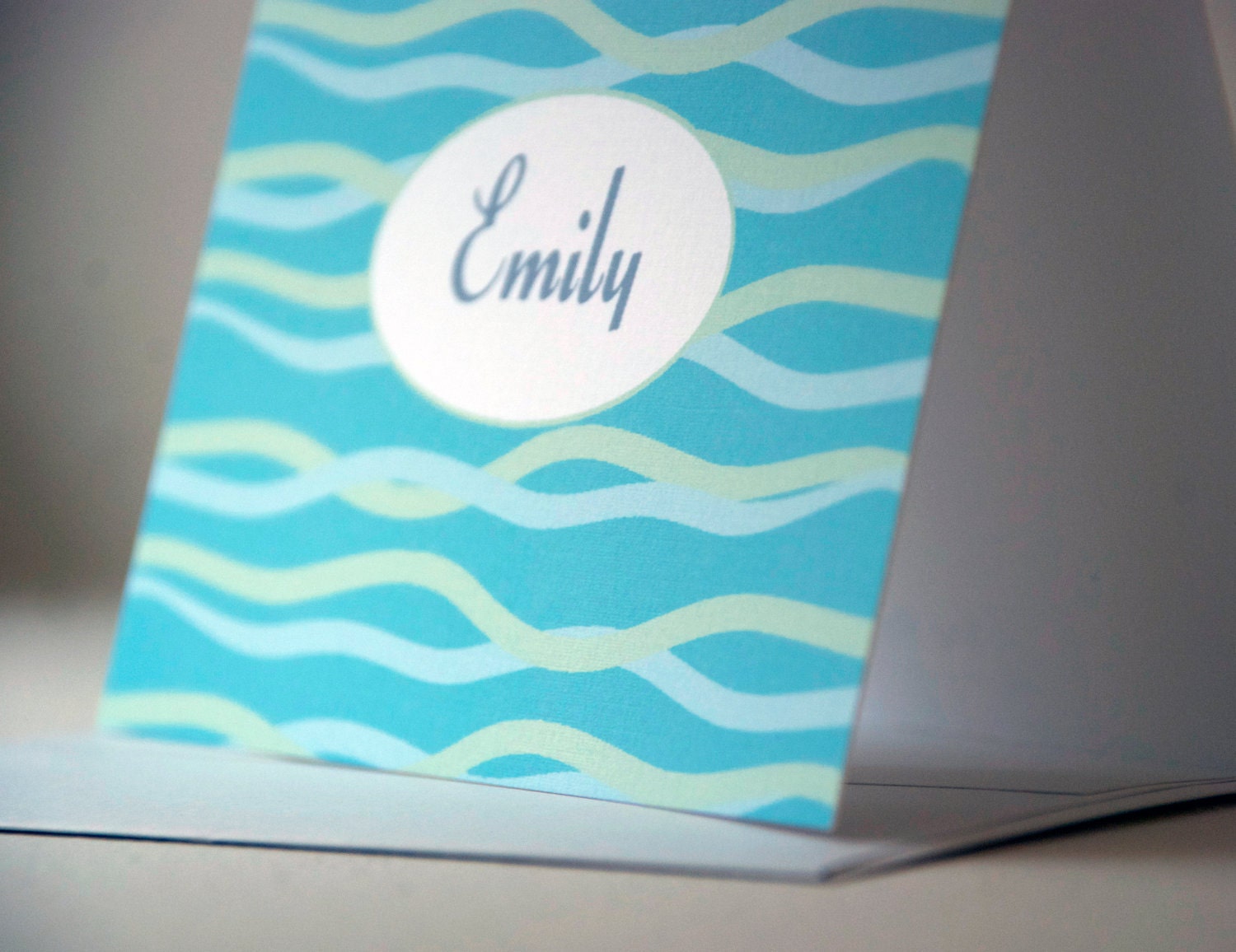 Personalized Stationery Note Cards Set of 8 - Aqua and Mint Waves