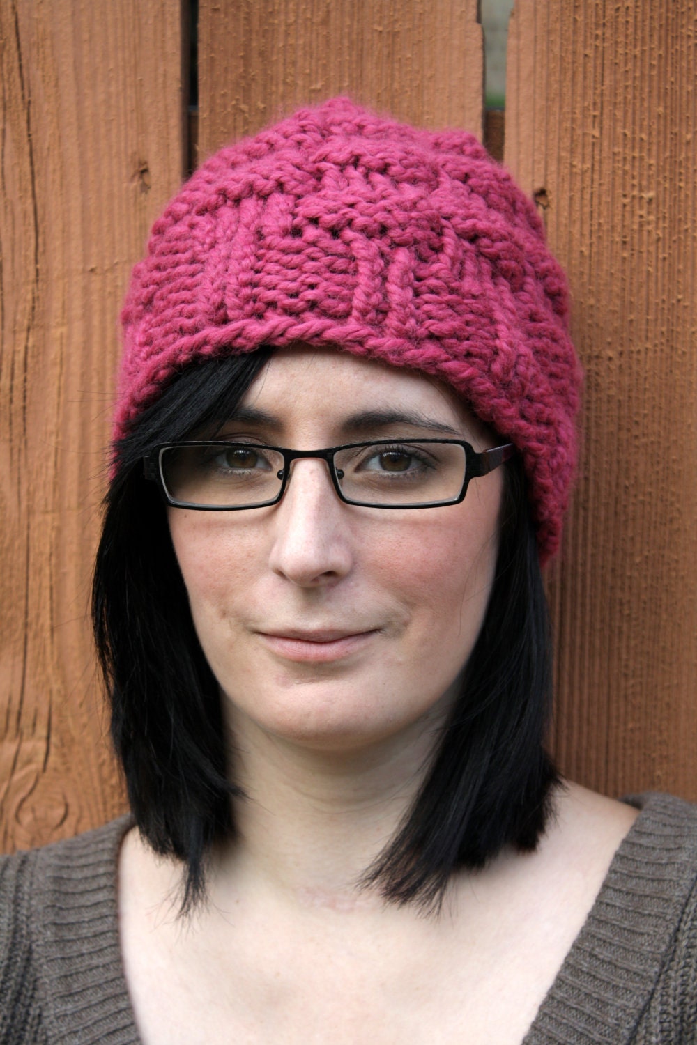 Adult Knit Hat in Magenta - Basket Weave Pattern