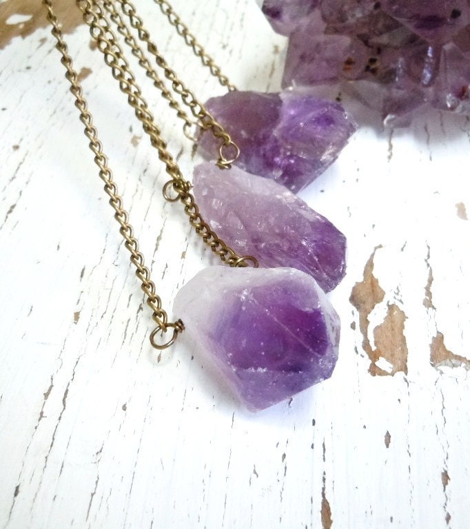 Large Amethyst Crystal Point Necklace -  X-long Antique Brass Chain