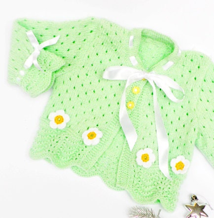 Hand knitted baby cardigan in soft green with white flowers,  baby girl, baby vest,  children clothing, READY TO SHIP