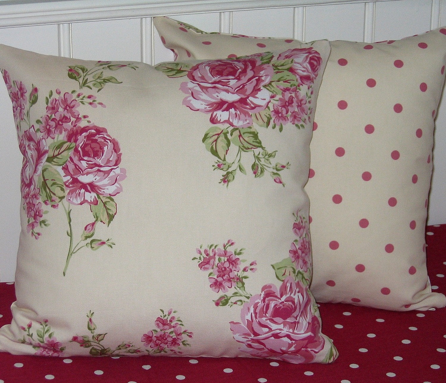 Set of Two New 16 inch pillow covers large english roses fabric on  front and backed with co-ordinatng cream dotty fabric Vintage Style Chic
