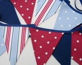 Fabric Bunting  Nautical Style New Handmade  Red White Blue Navy  15ft plus ties  17 double sided pennant flags