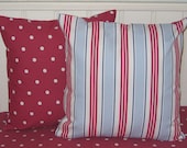 Cushion Covers Pillow Slips Nautical Style Blue Stripe backed in Red Dotty Fabric Set of Two