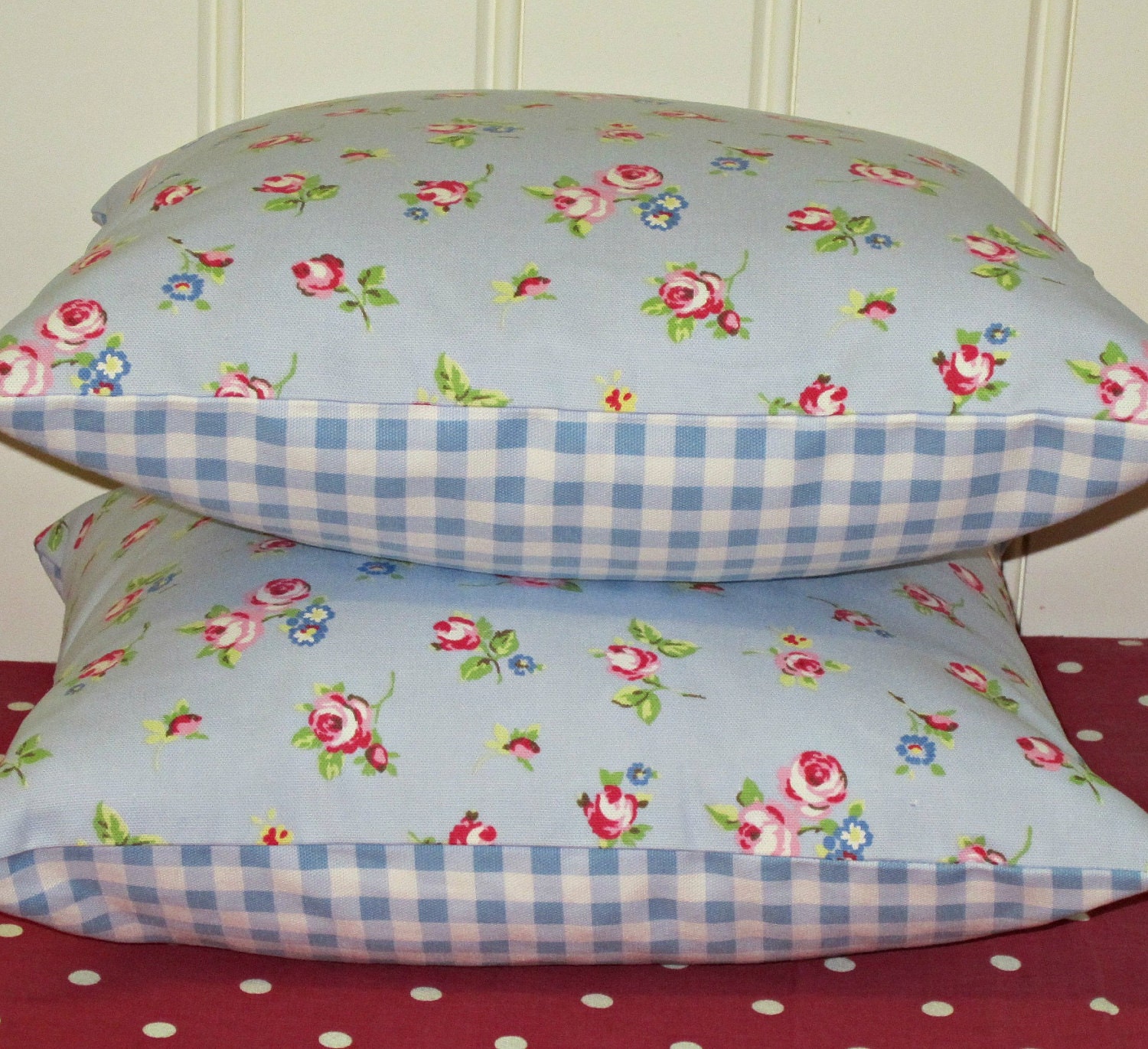 2 Pillow Cushion Covers 16 inch  Blue Shabby Chic Style  Rosebud Design backed with Pale Blue Gingham Print