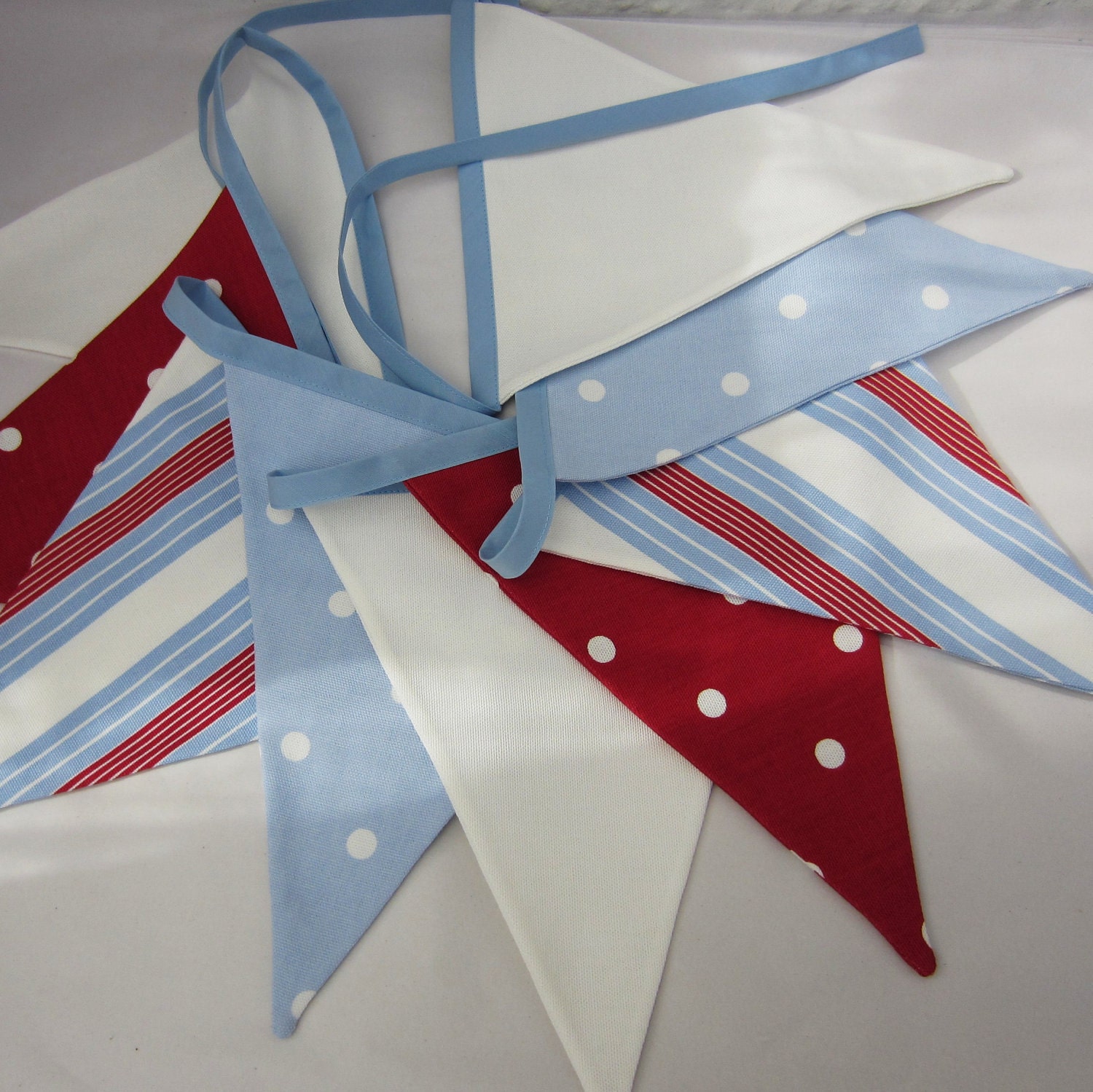 Fabric Bunting  Nautical Style  Red White  Pale Blue 9 double sided pennant flags 8 foot long plus ties New Handmade