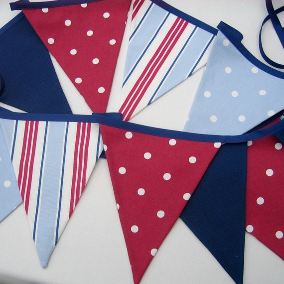 Fabric Bunting  Nautical Style  Red White Blue Navy  9 double sided pennant flags 8 foot long plus ties New Handmade