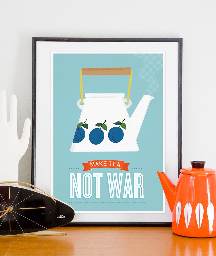 Tea print, kitchen print,  Stig LIndberg Prunus, kettle tea pot poster, kitchen quote art, mid century modern, retro - Make tea not War A3