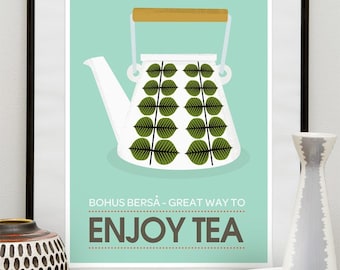 Kitchen print, Stig Lindberg, Mid century modern poster, Tea pot illustration, tea quote art, seagreen wall art, retro design,  8x10 or A4