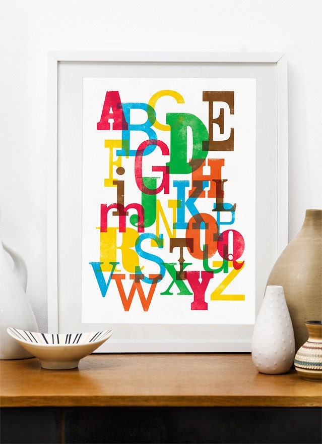 Alphabet print, letter poster, nursery wall decor, art for kids, letterpress styl,  Baby Nursery art,  A3