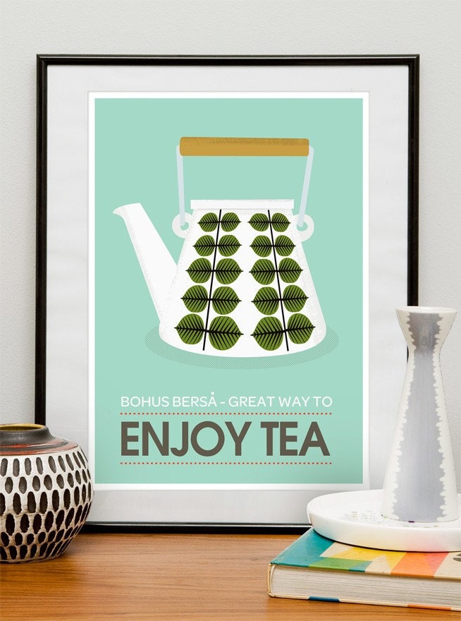 Art for Kitchen, Tea print, Tea poster, kitchen decor, mid century modern art, tea quote, Stig Lindberg - Enjoy Tea retro poster A3