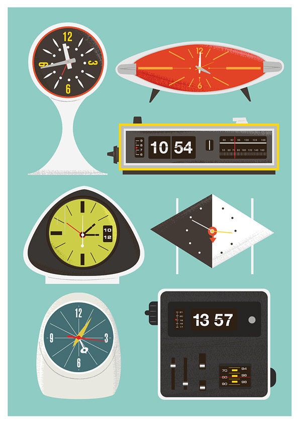 Retro Clock print, Mid Century poster, Eames era, vintage clock, flip clock illustration, nursery decor A3