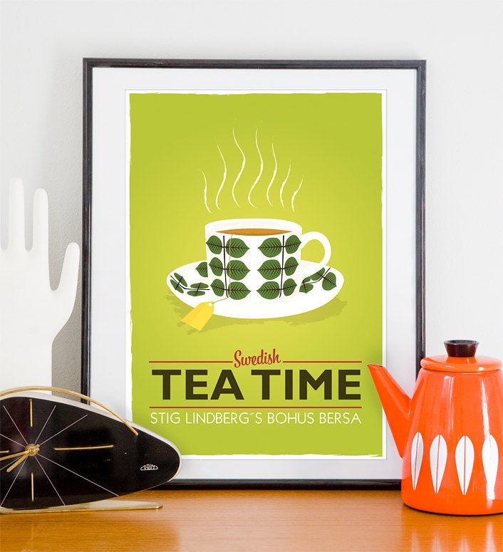 Retro tea print, Kitchen art, Mid Century Modern art, teacup art, kitchen wall art, Stig Lindberg - Swedish Tea time Lime A4