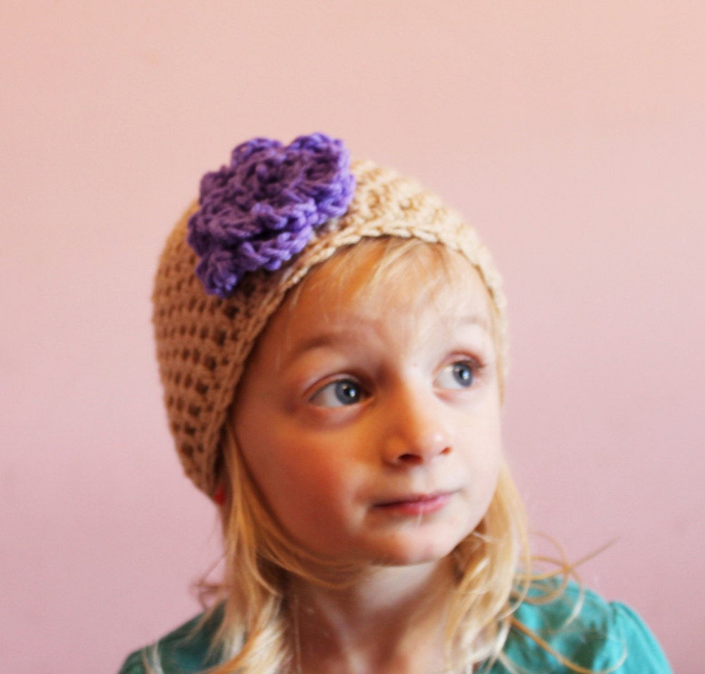 Beanie Hat Crochet Flower Hat Tan Purple Toddler Girls 2t 3t 4t made to order - MyStitchInTime