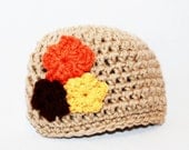 Newborn Crochet Hat Infant Girl Baby Tan Flower Beanie Hat  Taupe Orange Yellow Brown Bouquet Autumn made to order