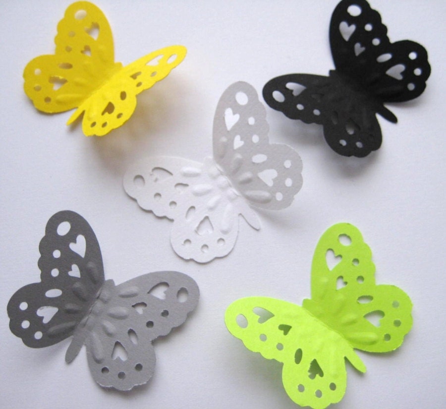 50 Silhouette Heart Embossed Large Lime Green Black Grey White Yellow Butterfly Confetti Scrapbooking punch die cut embellishments noE1252