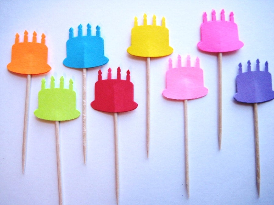 24 Bright Birthday Cake Party Picks - Cupcake Toppers - Toothpicks - Food Picks - die cut punch FP166