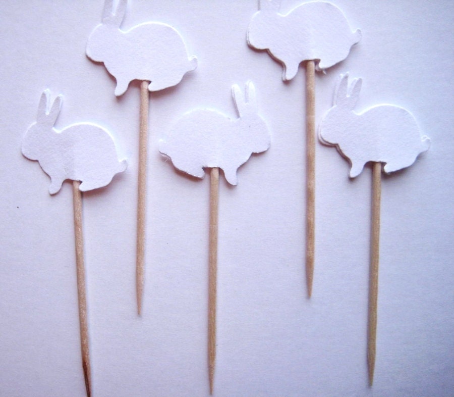 24  White Bunny Party Picks - Cupcake Toppers - Toothpicks - Food Picks - die cut punch FP161