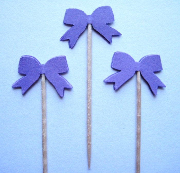 24 Purple Bow Party Picks - Cupcake Toppers - Toothpicks - Food Picks - die cut punch FP243
