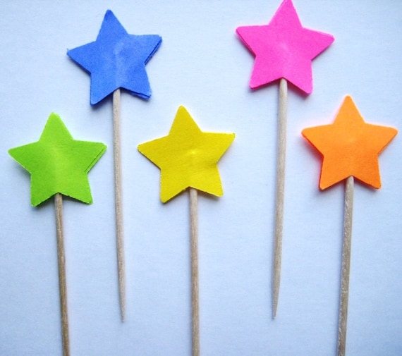24 Bright Paper Stars Party Picks - Cupcake Toppers - Toothpicks - Food Picks - die cut punch FP268