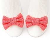 Red & White Herringbone Wool Tweed Shoe Bow Clips with Luxurious Chevron Zigzag Pattern