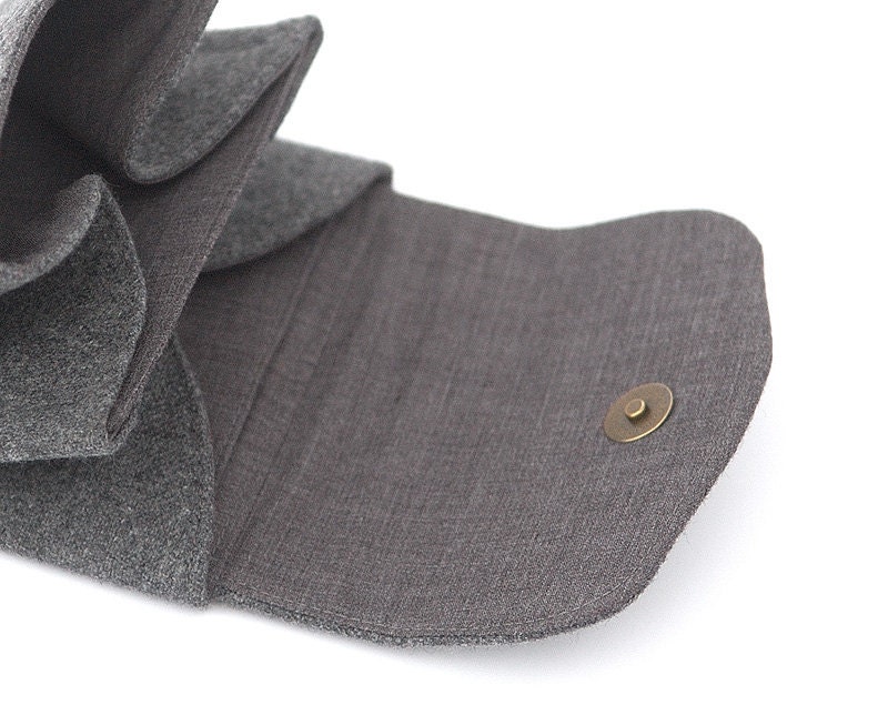 Gray Wool Tweed Wallet with White Felt Applique Flower. Folding Coin Purse with diamond look jewel