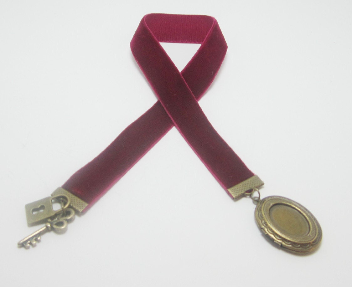 Berry Wine Velvet Ribbon Bookmark With Locket