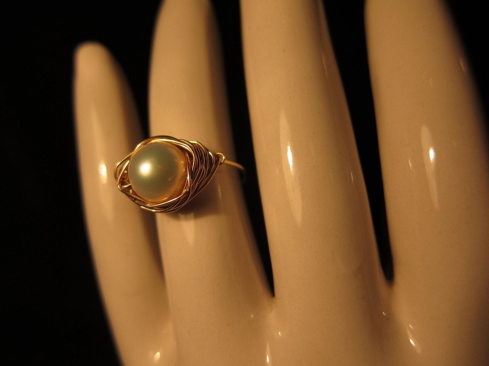 Double Hearts 14kt gold filled Freshwater Pearl Nest Ring made to size