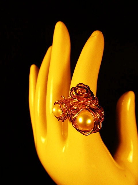 Triple Rosette Ring with Two Freshwater Pearls - 14kt Gold Fill