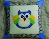 Handmade colorful OWL Quilted Patchwork Blue Decorative Pillow Cover