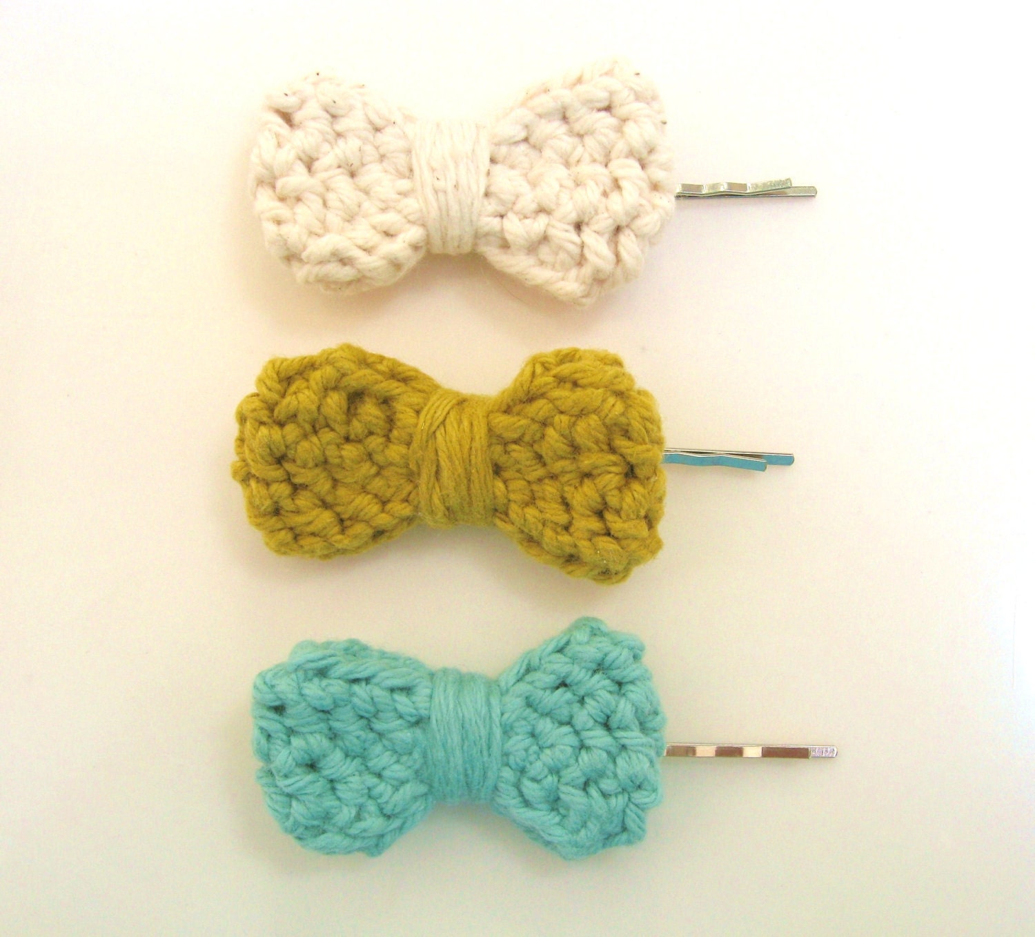 Cotton Hair Bow Clips - Set of 3 - Mint, Mustard & Ivory - Cotton - Eco Friendly