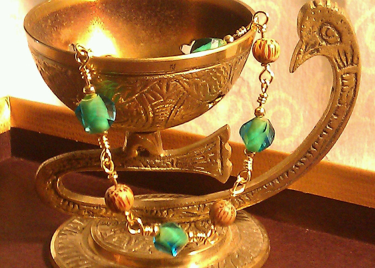 Gold, Aquamarine Blue Green and Wood Bracelet (size "large")