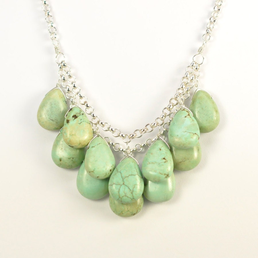 Mint Green Necklace, Statement, Wire Wrap Stones, Layered, Bib Style, Glamorous Night Out, Sterling Silver, Turquoise, Kristin Noel Designs