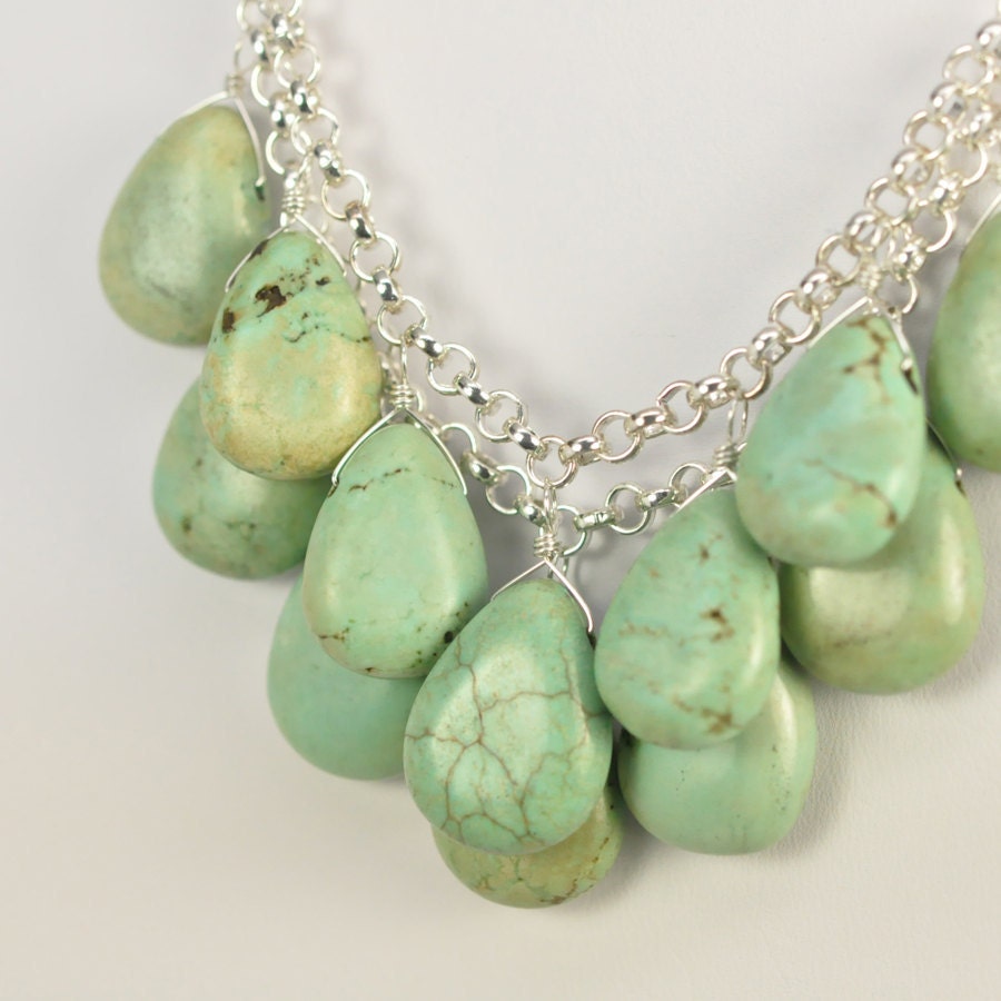 Mint Green Necklace, Statement, Wire Wrap Stones, Layered, Bib Style, Glamorous Night Out, Sterling Silver, Turquoise, Kristin Noel Designs