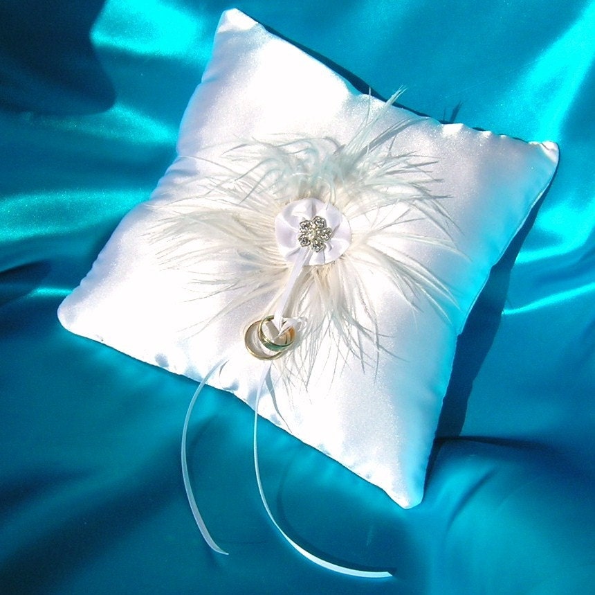 White Satin Ring Bearer Pillow With Ostrich Feather Wreath and Crystal Flower Center