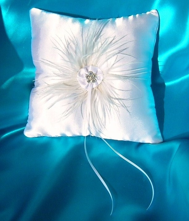 White Satin Ring Bearer Pillow With Ostrich Feather Wreath and Crystal Flower Center