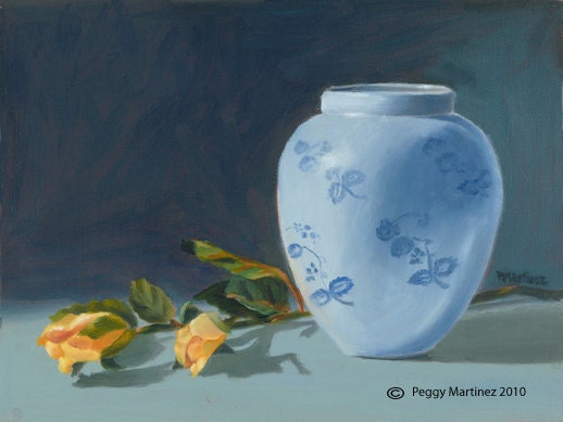 Print Yellow Rose BlueVase Oil Painting Canvas by Peggy Martinez