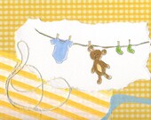 Teddy Bear, Baby art, Yellow, Fabric, Collage, Nursery artwork (5x7 print)