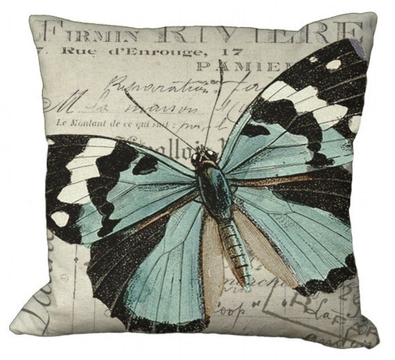 Black White & Aqua Butterfly 20x20 or 18x18 or 16x16 or 14x14 Inch Pillow Cover